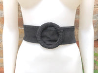 Black suede waist belt with large round buckle. Boho soft suede belt in BLACK Genuine natural BLACK suede wide belt
