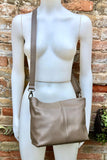 Light brown genuine leather bag. Small bucket bag, crossbody / shoulder bag. Taupe purse, lined + adjustable strap.Tan brown leather purse