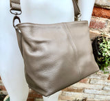 Light brown genuine leather bag. Small bucket bag, crossbody / shoulder bag. Taupe purse, lined + adjustable strap.Tan brown leather purse