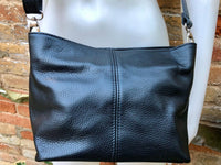 Black genuine leather bag. Small bucket bag, crossbody / shoulder bag. Black purse, lined + adjustable strap. Black leather purse.