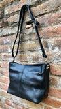 Black genuine leather bag. Small bucket bag, crossbody / shoulder bag. Black purse, lined + adjustable strap. Black leather purse.