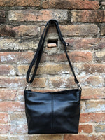 Black genuine leather bag. Small bucket bag, crossbody / shoulder bag. Black purse, lined + adjustable strap. Black leather purse.