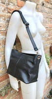 Black genuine leather bag. Small bucket bag, crossbody / shoulder bag. Black purse, lined + adjustable strap. Black leather purse.