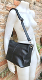 Black genuine leather bag. Small bucket bag, crossbody / shoulder bag. Black purse, lined + adjustable strap. Black leather purse.
