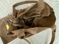 Light brown leather shopper bag in genuine suede. Slouchy tan color carry all tote bag for laptop, tablet, books. Taupe brown leather purse