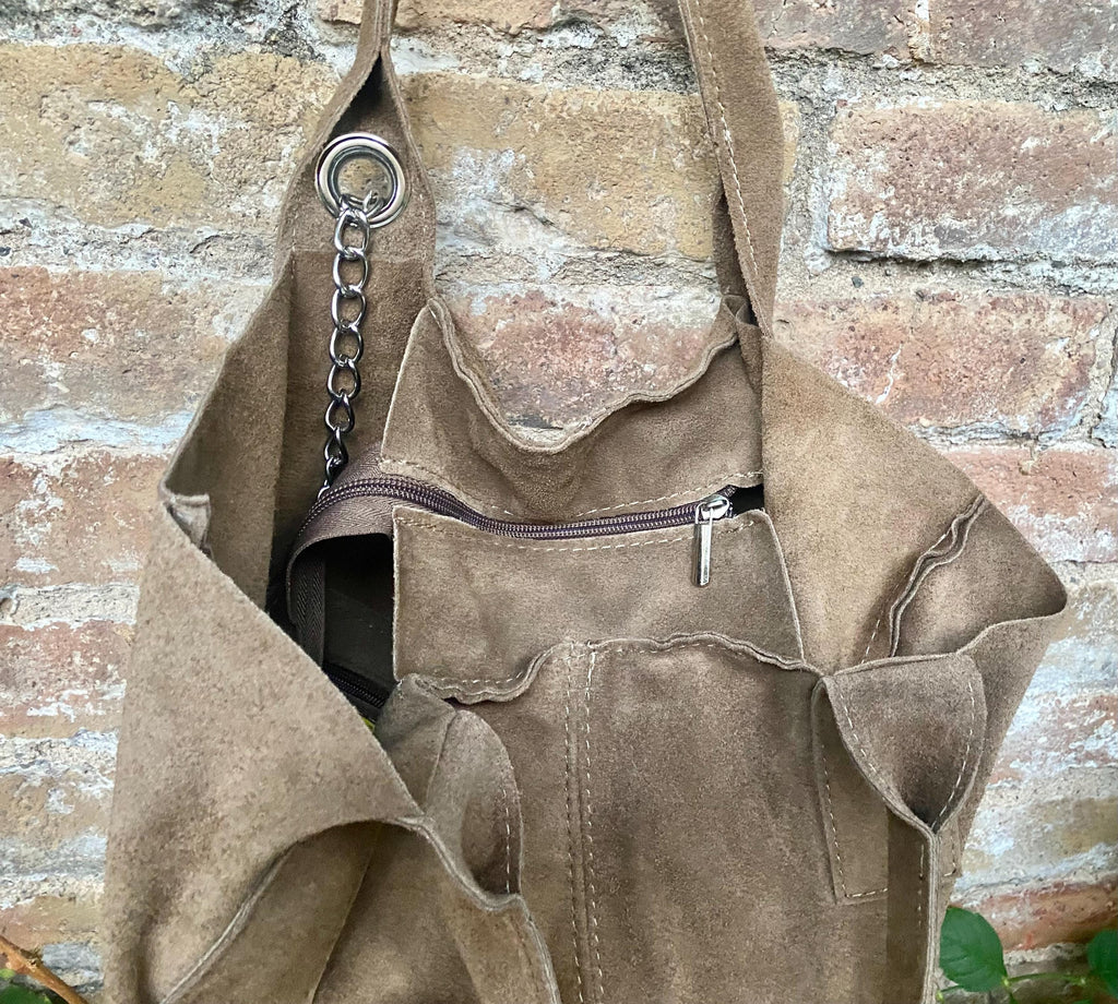 Light brown leather shopper bag in genuine suede. Slouchy tan color carry all tote bag for laptop, tablet, books. Taupe brown leather purse