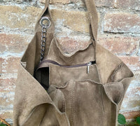 Light brown leather shopper bag in genuine suede. Slouchy tan color carry all tote bag for laptop, tablet, books. Taupe brown leather purse