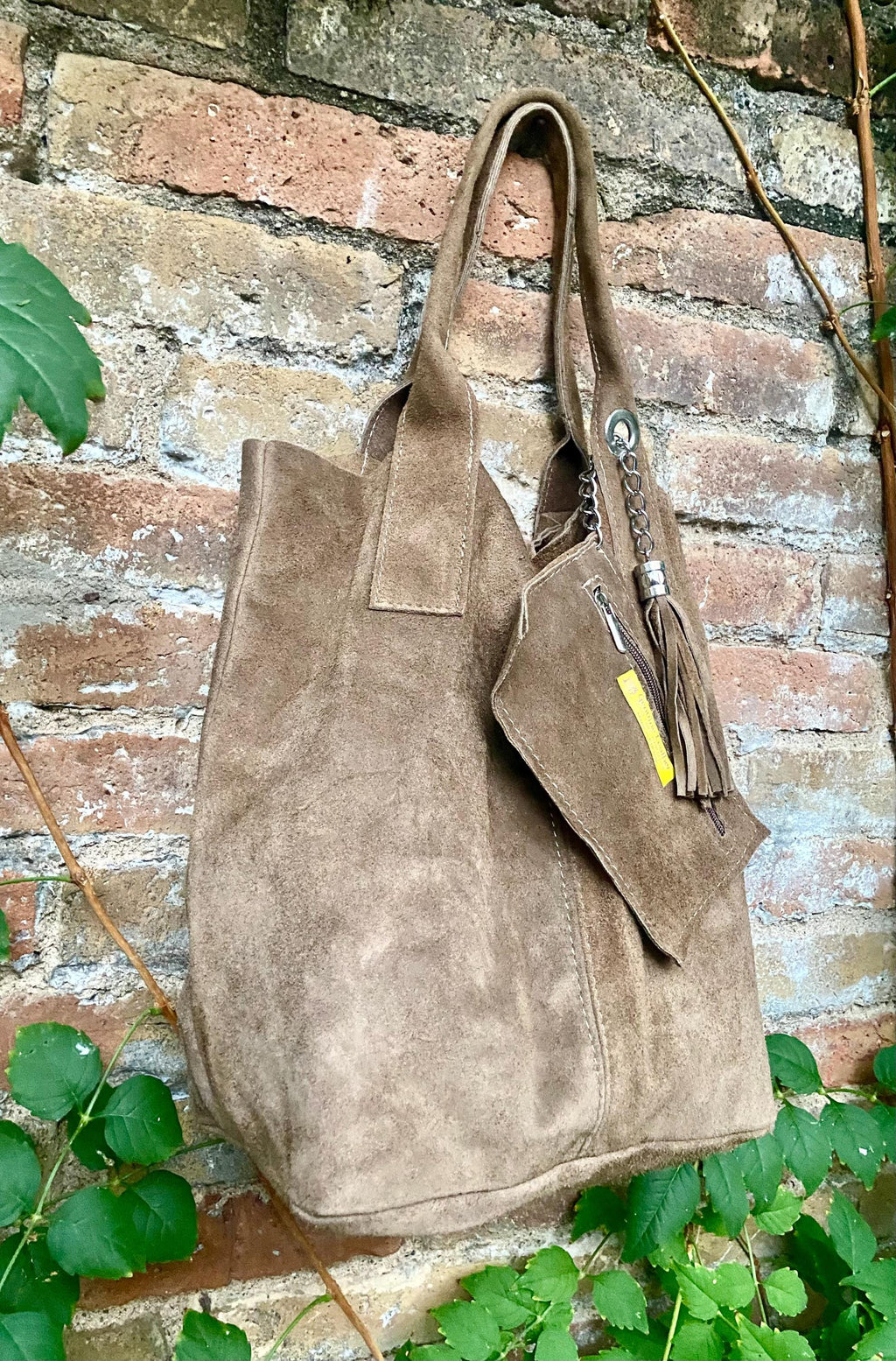 Light brown leather shopper bag in genuine suede. Slouchy tan color carry all tote bag for laptop, tablet, books. Taupe brown leather purse