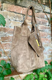 Light brown leather shopper bag in genuine suede. Slouchy tan color carry all tote bag for laptop, tablet, books. Taupe brown leather purse