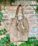 Light brown leather shopper bag in genuine suede. Slouchy tan color carry all tote bag for laptop, tablet, books. Taupe brown leather purse