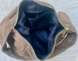 Slouch bag in TAUPE brown with bronze tacks and zipper. Genuine leather bag. Light BROWN color lined bag. Greyge brown suede purse.