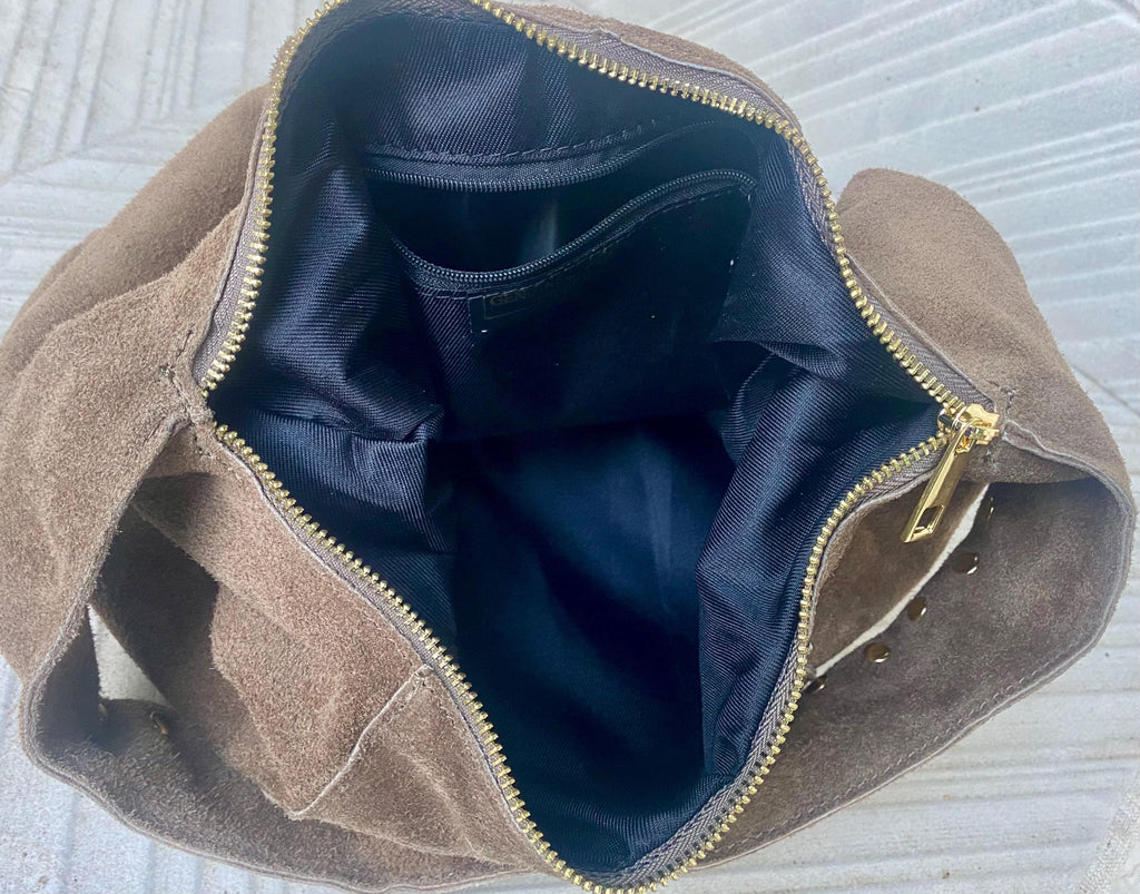 Slouch bag in dark green with bronze tacks and zipper. Genuine leather bag.Green color lined bag. Green suede purse. Wide strap shoulder bag