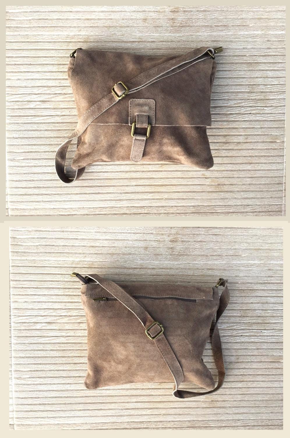 Cross body suede bag. GENUINE leather bag in TAUPE brown. Greyge BOHO natural leather bag. Messenger bag in suede for books, tablets...