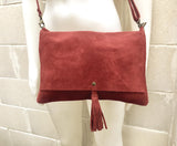 Cross body bag. BOHO suede leather bag in BURGUNDY. Soft genuine suede leather. Crossover, messenger bag in RED suede