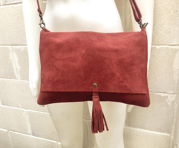 Cross body bag. BOHO suede leather bag in BURGUNDY. Soft genuine suede leather. Crossover, messenger bag in RED suede