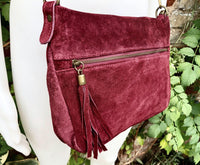 BURGUNDY crossbody suede bag. Genuine leather wine red suede bag with zippers, adjustable strap and tassel. Dark red suede purse.