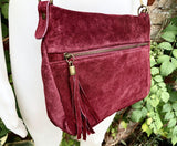 BURGUNDY crossbody suede bag. Genuine leather wine red suede bag with zippers, adjustable strap and tassel. Dark red suede purse.