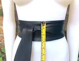 BLACK obi belt. Wrap belt in soft genuine leather. Wraparound waist belt. Wide style. Boho dress belt in soft black leather