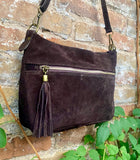 BOHO suede leather bag in DARK brown. Cross over bag, leather bag, boho bag, messenger suede bag. Soft natural leather bag with tassels