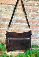 BOHO suede leather bag in DARK brown. Cross over bag, leather bag, boho bag, messenger suede bag. Soft natural leather bag with tassels
