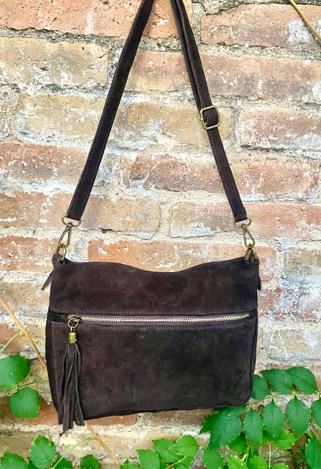 BOHO suede leather bag in DARK brown. Cross over bag, leather bag, boho bag, messenger suede bag. Soft natural leather bag with tassels