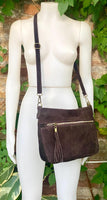 BOHO suede leather bag in DARK brown. Cross over bag, leather bag, boho bag, messenger suede bag. Soft natural leather bag with tassels