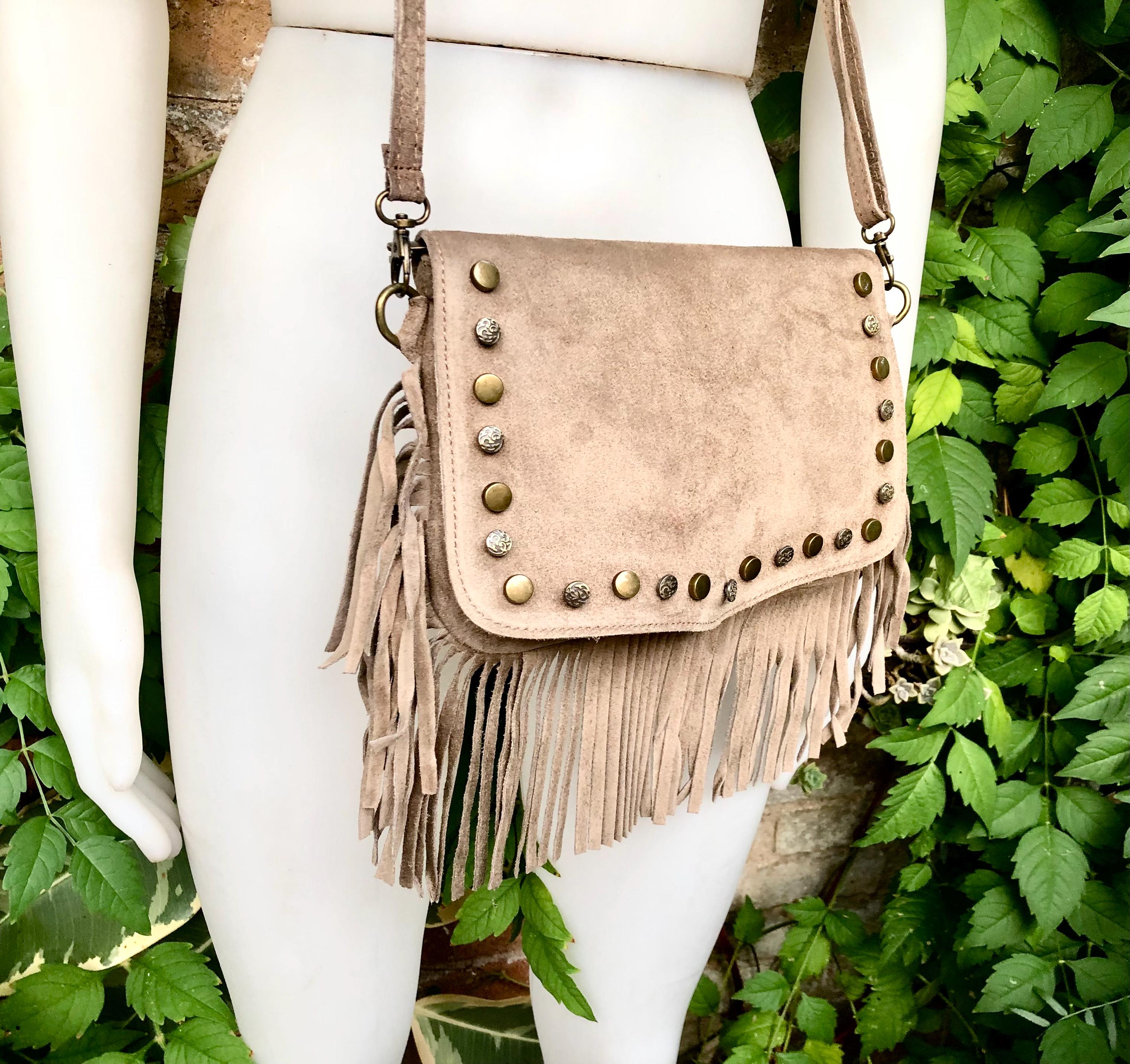 Taupe brown crossbody fringed bag with tacks.BOHO suede leather bag with FRINGES. Greyge brown genuine suede leather. Grey-brown suede purse