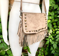 Taupe brown crossbody fringed bag with tacks.BOHO suede leather bag with FRINGES. Greyge brown genuine suede leather. Grey-brown suede purse