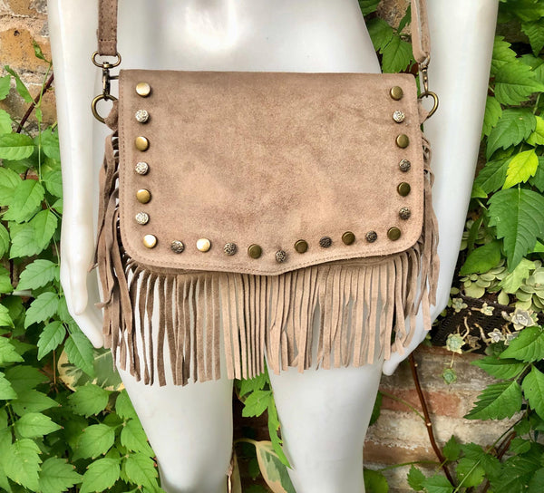 Taupe brown crossbody fringed bag with tacks.BOHO suede leather bag with FRINGES. Greyge brown genuine suede leather. Grey-brown suede purse