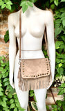 Taupe brown crossbody fringed bag with tacks.BOHO suede leather bag with FRINGES. Greyge brown genuine suede leather. Grey-brown suede purse