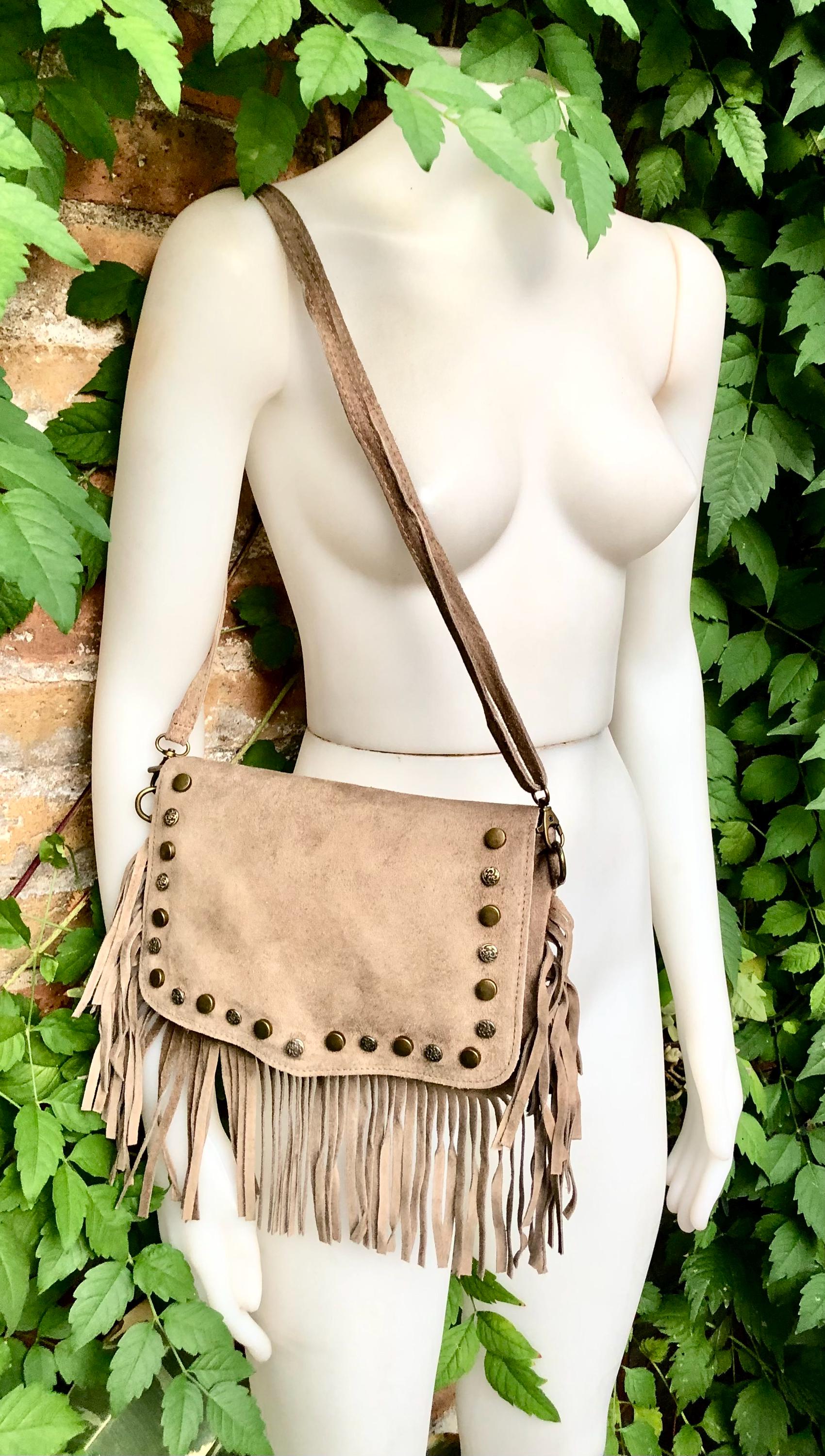 Taupe brown crossbody fringed bag with tacks.BOHO suede leather bag with FRINGES. Greyge brown genuine suede leather. Grey-brown suede purse