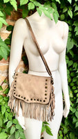 Taupe brown crossbody fringed bag with tacks.BOHO suede leather bag with FRINGES. Greyge brown genuine suede leather. Grey-brown suede purse