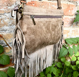 Taupe brown crossbody fringed bag with tacks.BOHO suede leather bag with FRINGES. Greyge brown genuine suede leather. Grey-brown suede purse
