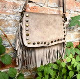 Taupe brown crossbody fringed bag with tacks.BOHO suede leather bag with FRINGES. Greyge brown genuine suede leather. Grey-brown suede purse