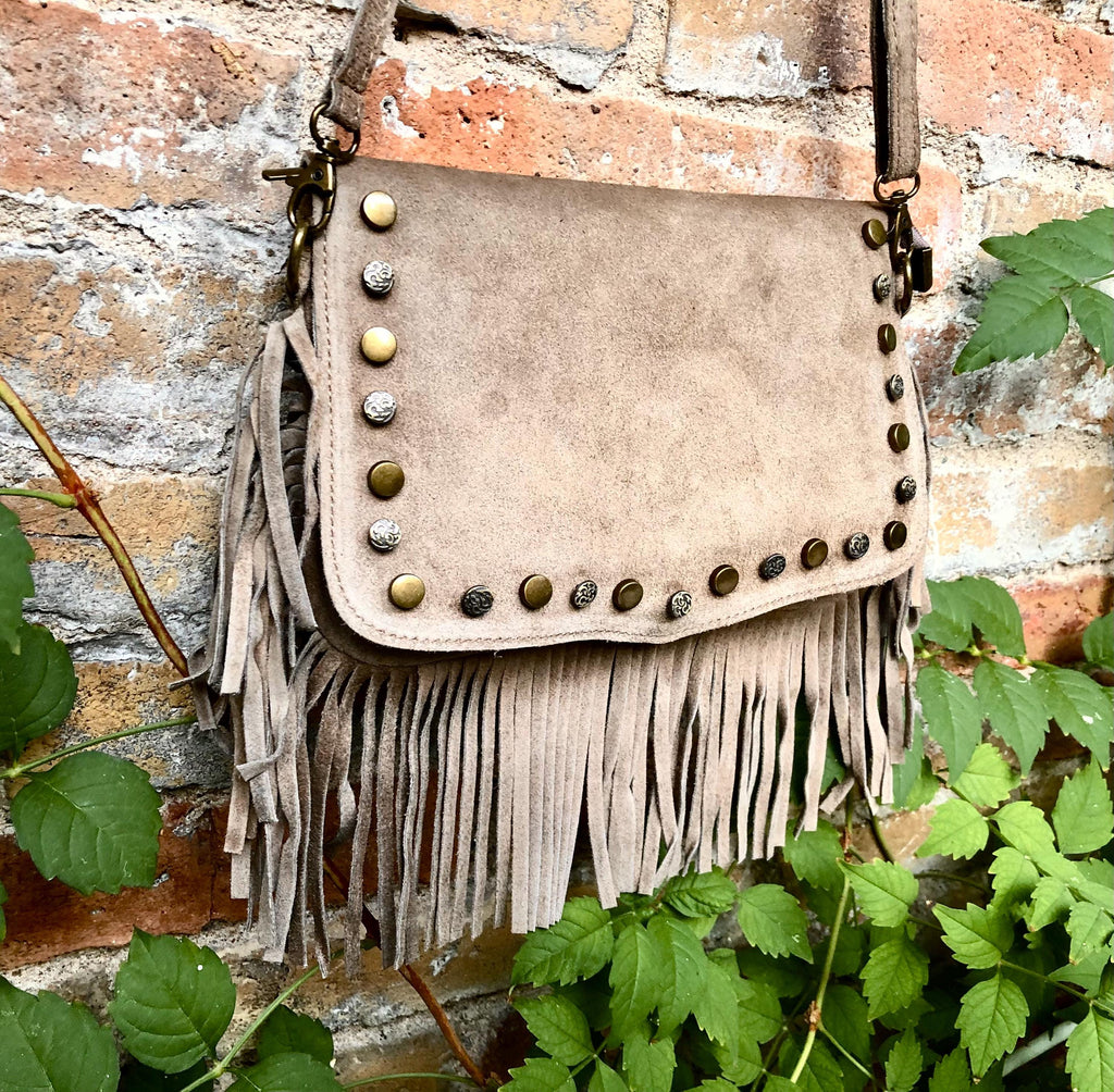 Taupe brown crossbody fringed bag with tacks.BOHO suede leather bag with FRINGES. Greyge brown genuine suede leather. Grey-brown suede purse