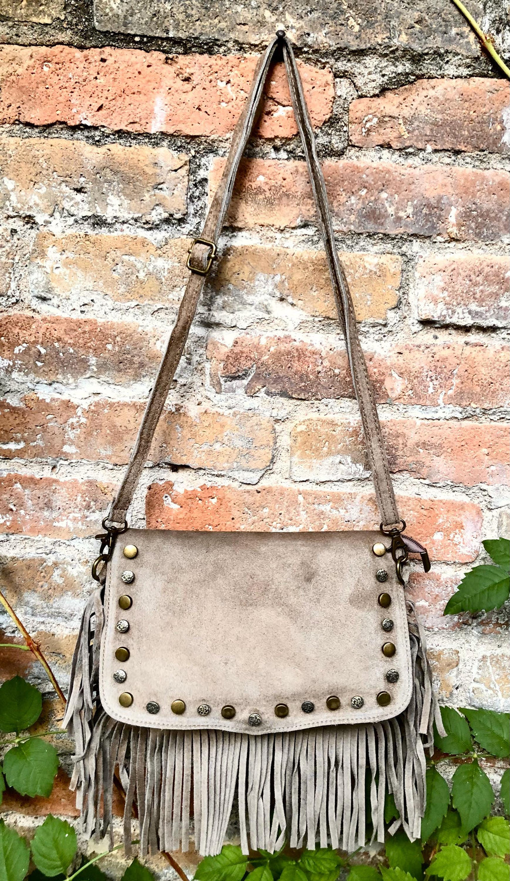 Taupe brown crossbody fringed bag with tacks.BOHO suede leather bag with FRINGES. Greyge brown genuine suede leather. Grey-brown suede purse