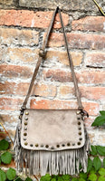 Taupe brown crossbody fringed bag with tacks.BOHO suede leather bag with FRINGES. Greyge brown genuine suede leather. Grey-brown suede purse