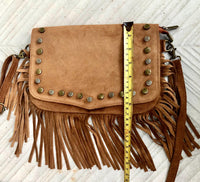 Camel brown crossbody fringed bag with tacks.BOHO suede leather bag with FRINGES. Tan brown genuine suede leather. Light brown suede purse
