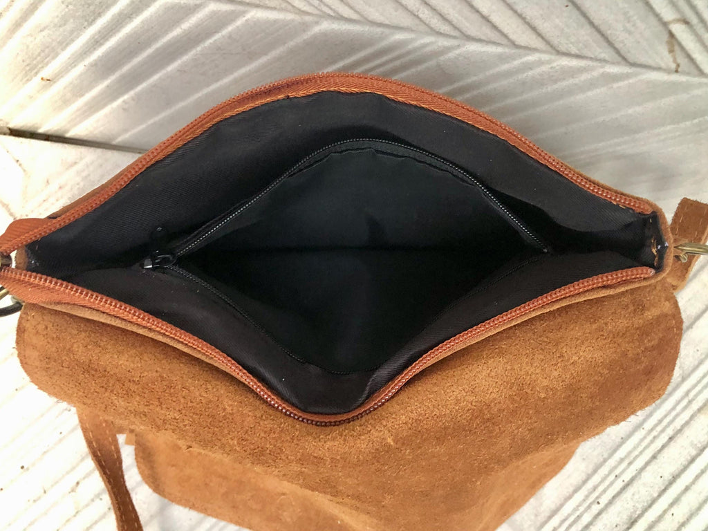 Moss green crossbody / shoulder bag with tacks. BOHO suede leather bag. Green genuine suede leather. Light green and gold suede purse