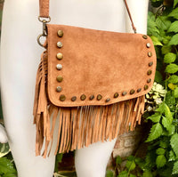 Camel brown crossbody fringed bag with tacks.BOHO suede leather bag with FRINGES. Tan brown genuine suede leather. Light brown suede purse