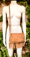 Camel brown crossbody fringed bag with tacks.BOHO suede leather bag with FRINGES. Tan brown genuine suede leather. Light brown suede purse