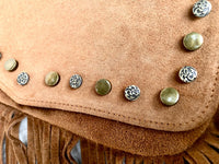 Camel brown crossbody fringed bag with tacks.BOHO suede leather bag with FRINGES. Tan brown genuine suede leather. Light brown suede purse