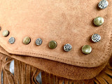 Camel brown crossbody fringed bag with tacks.BOHO suede leather bag with FRINGES. Tan brown genuine suede leather. Light brown suede purse