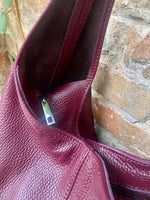 Burgundy slouch bag. Tote leather bag in wine red with ZIPPER. Soft genuine leather. Dark red leather purse. Wide strap leather shopper.
