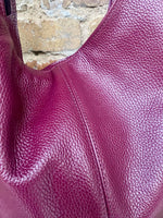 Burgundy slouch bag. Tote leather bag in wine red with ZIPPER. Soft genuine leather. Dark red leather purse. Wide strap leather shopper.
