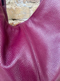 Burgundy slouch bag. Tote leather bag in wine red with ZIPPER. Soft genuine leather. Dark red leather purse. Wide strap leather shopper.