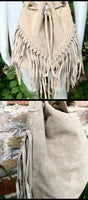 Crossbody / shoulder fringed bag. Beige BOHO suede leather drawstring bag with long FRINGES. Genuine leather hippy bag. Suede fringed purse.