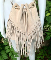 Crossbody / shoulder fringed bag. Beige BOHO suede leather drawstring bag with long FRINGES. Genuine leather hippy bag. Suede fringed purse.