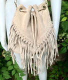 Crossbody / shoulder fringed bag. Beige BOHO suede leather drawstring bag with long FRINGES. Genuine leather hippy bag. Suede fringed purse.