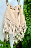 Crossbody / shoulder fringed bag. Beige BOHO suede leather drawstring bag with long FRINGES. Genuine leather hippy bag. Suede fringed purse.
